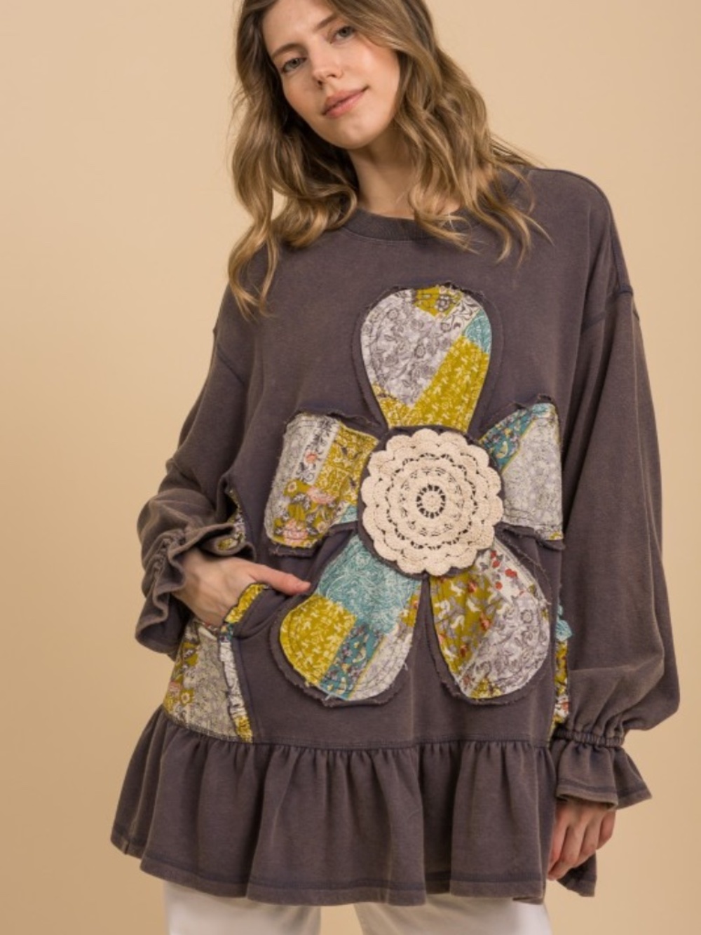 "The Phoebe" Flower Patch Ruffle Hem Long Sleeve Top